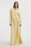 Deme by Gabriella_Yellow Malai Lycra Solid Dress Off Shoulder Heloise With Jacket _at_Aza_Fashions