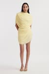 Buy_Deme by Gabriella_Yellow Malai Lycra Solid Round Natalia Draped Dress _at_Aza_Fashions