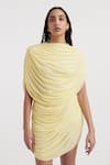 Deme by Gabriella_Yellow Malai Lycra Solid Round Natalia Draped Dress _at_Aza_Fashions