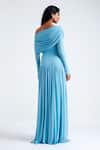 Deme by Gabriella_Blue Malai Lycra Solid Off Shoulder Annie Drop Waist Pleated Gown _Online_at_Aza_Fashions