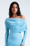 Shop_Deme by Gabriella_Blue Malai Lycra Solid Off Shoulder Annie Drop Waist Pleated Gown _at_Aza_Fashions