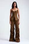 Buy_Deme by Gabriella_Green Denim Drill V Neck Gisele Structured Top With Draped Pant _at_Aza_Fashions