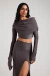 Shop_Deme by Gabriella_Purple Malai Lycra Asymmetric Aylin Drape Top With Skirt _at_Aza_Fashions