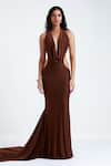 Buy_Deme by Gabriella_Brown Malai Lycra Deep Cowl Ninah Neck Gown _at_Aza_Fashions