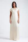 Buy_Deme by Gabriella_Off White Satin Solid Round Lea Cowl Back Neck Gown _at_Aza_Fashions