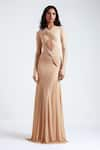 Buy_Deme by Gabriella_Beige Malai Lycra Sun V Neck Chantal Knot Detailed Gown _at_Aza_Fashions