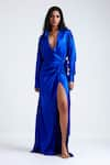 Buy_Deme by Gabriella_Blue Heavy Satin Plain Collared Neck Edith Thigh Slit Gown _at_Aza_Fashions