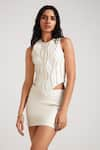 Shop_Deme by Gabriella_Off White Leather Applique Panels Round Neck Jodie Textured Top With Skirt _at_Aza_Fashions