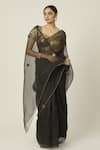 Peeli Dori_Black Silk Organza Hand Embroidered Golden Thread Ace Saree With Blouse _at_Aza_Fashions