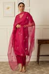 Buy_Peeli Dori_Pink Silk Chanderi Hand Embroidered Sequin V-neck Iris Flora Kurta Pant Set _at_Aza_Fashions