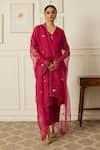 Peeli Dori_Pink Silk Chanderi Hand Embroidered Sequin V-neck Iris Flora Kurta Pant Set _Online_at_Aza_Fashions