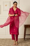 Buy_Peeli Dori_Pink Silk Chanderi Hand Embroidered Sequin V-neck Iris Flora Kurta Pant Set _Online_at_Aza_Fashions