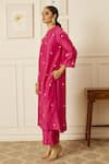 Peeli Dori_Pink Silk Organza Hand Embroidered Pearls Round Leela Floral Kurta With Pant _Online_at_Aza_Fashions