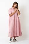 Shop_Vasstram_Pink Cotton Embroidery Collared Solid A-line French Knot Shirt Dress _Online_at_Aza_Fashions