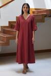 Buy_Vasstram_Red Cotton V-neck Solid Slouchy Dress _at_Aza_Fashions