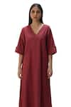 Vasstram_Red Cotton V-neck Solid Slouchy Dress _at_Aza_Fashions