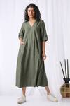 Buy_Vasstram_Green Cotton V-neck Solid Slouchy Dress _at_Aza_Fashions