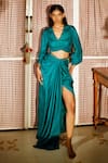 Buy_ZWAAN_Green 100% Silk V-neck Camellia Draped Top _at_Aza_Fashions