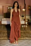 Buy_ZWAAN_Brown 100% Silk Gaia Draped Slit Skirt _at_Aza_Fashions