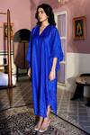 ZWAAN_Blue 100% Silk Embroidery Floral V-neck Raisa Cutwork Kaftan _Online_at_Aza_Fashions