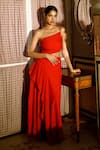 Buy_ZWAAN_Red Dobby Cotton One Shoulder Ruby Cutout Waist Asymmetric Dress _at_Aza_Fashions