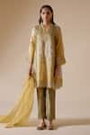 Bunka_Yellow Kurta 100% Organza And Tissue Embroidered Farida Floral Motif Pant Set _at_Aza_Fashions