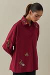 Bunka_Red 100% Cotton Poplin Embroidery 3d Floral Collared Neck Nisha Shirt _at_Aza_Fashions