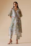 Buy_Bunka_Grey Kurta 100% Organza Print Floral V Neck Sitara With Pant _at_Aza_Fashions