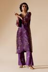 Bunka_Purple Kurta 100% Organza Print Floral V Neck Sitara Bloom With Pant _Online_at_Aza_Fashions