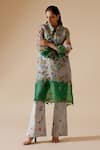 Buy_Bunka_Grey Kurta 100% Organza Print Floral Collared Neck Tara With Pant _at_Aza_Fashions