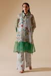 Bunka_Grey Kurta 100% Organza Print Floral Collared Neck Tara With Pant _Online_at_Aza_Fashions