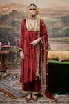 Buy_Itrh_Red Kurta And Pant Velvet Embroidered Mirrorwork V-neck Surkh Shahi Set _at_Aza_Fashions