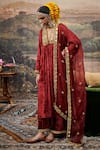 Buy_Itrh_Red Kurta And Pant Velvet Embroidered Mirrorwork V-neck Surkh Shahi Set _Online_at_Aza_Fashions