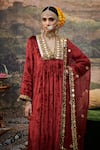 Shop_Itrh_Red Kurta And Pant Velvet Embroidered Mirrorwork V-neck Surkh Shahi Set _Online_at_Aza_Fashions