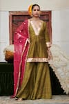 Buy_Itrh_Green Kurta Raw Silk Embellished Mirrorwork Sheesh Harit Short Sharara Set _at_Aza_Fashions