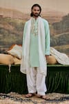 Buy_Itrh_Blue Kurta Linen Embroidery Mirror Aasmani And Pant Set _at_Aza_Fashions