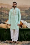 Buy_Itrh_Blue Kurta Linen Embroidery Mirror Aasmani With Pant _at_Aza_Fashions