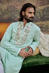 Buy_Itrh_Blue Kurta Linen Embroidery Mirror Aasmani With Pant _Online_at_Aza_Fashions