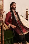 Itrh_Red Kurta Raw Silk And Cotton Mul Embroidery Mirror Naqsh Yoke & Salwar Set _Online_at_Aza_Fashions