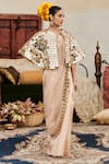 Buy_Itrh_Beige Saree Tissue Embroidered Mirror Open Mradul Aayna Cape And Set _Online_at_Aza_Fashions