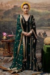 Buy_Itrh_Green Velvet Embroidered Gota Patti V Neck Azal Makhmali Work Kaftan _at_Aza_Fashions