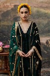 Buy_Itrh_Green Velvet Embroidered Gota Patti V Neck Azal Makhmali Work Kaftan _Online_at_Aza_Fashions