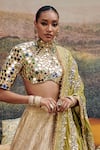 Itrh_Gold Chanderi Embellished Jaal High Sheesh Saanjh Mirror Blouse Lehenga Set _Online_at_Aza_Fashions