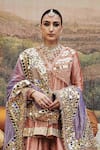 Itrh_Peach Flat Tissue Embellished Zari V Arzoo Mirror Peplum Tunic Sharara Set _Online_at_Aza_Fashions