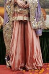 Buy_Itrh_Peach Flat Tissue Embellished Zari V Arzoo Mirror Peplum Tunic Sharara Set _Online_at_Aza_Fashions