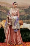 Shop_Itrh_Peach Flat Tissue Embellished Zari V Arzoo Mirror Peplum Tunic Sharara Set _Online_at_Aza_Fashions