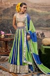 Buy_Itrh_Blue Linen Embellished Gota Sweetheart Hari Neel Color Block Lehenga Set _at_Aza_Fashions