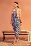 Buy_Soup by Sougat Paul_Blue Saree Crepe Embellished Stripe Dress Print Draped And Crop Jacket _at_Aza_Fashions