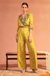 Buy_Soup by Sougat Paul_Yellow Jumpsuit Cotton Silk Embellished Flower Tamaya Overlap With Belt _at_Aza_Fashions