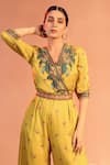 Buy_Soup by Sougat Paul_Yellow Jumpsuit Cotton Silk Embellished Flower Tamaya Overlap With Belt _Online_at_Aza_Fashions